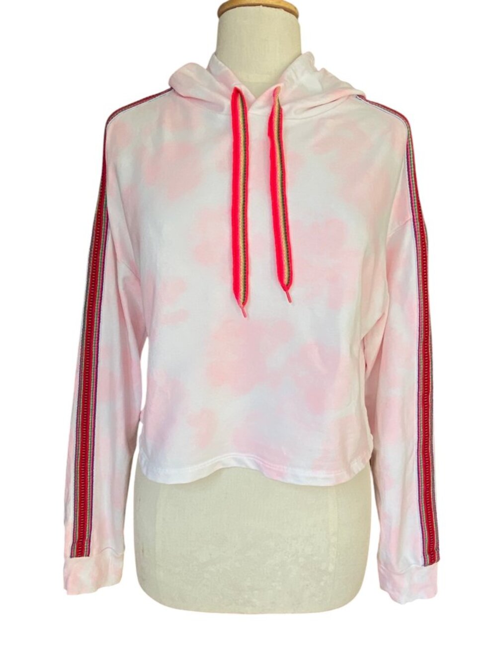 Pitusa Tye Dye Cropped Pink Hoodie Ribbon Trim Peru Festival Bieberella Beach-M